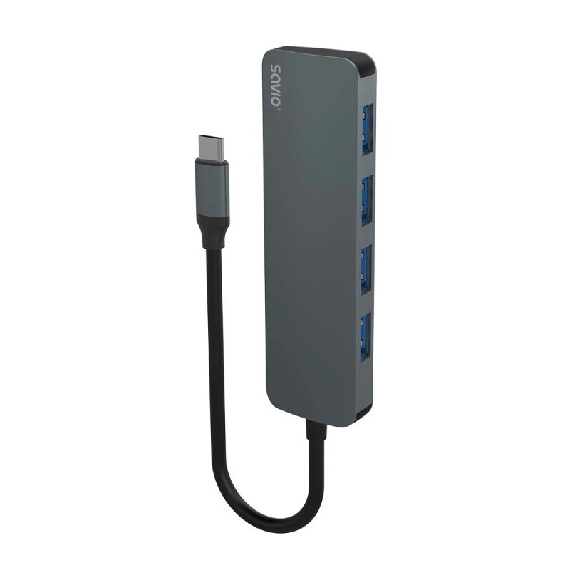 USB-keskitin SAVIO AK-54 — 4 x USB-A (USB 3.2 Gen 1), USB-C-isäntä, musta