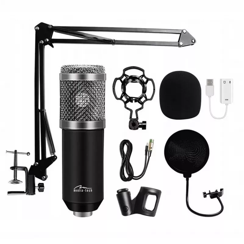 PC-mikrofoni MEDIA-TECH MT397S — johdollinen, XLR-tulo, 20–20000 Hz, 150 Ω, -32 dB, 2,4 m kaapeli, pöytäteline, musta