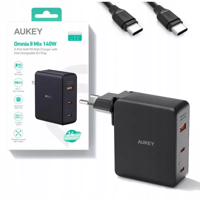 Seinäverkkovirtalaturi Aukey PA-B7O, 3×USB, GaN-teknologia