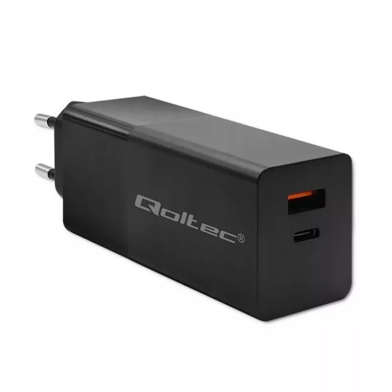 Qoltec 52382 GaN POWER PRO -laturi | 1xUSB Type-C | 1xUSB A | 100W | 5-20V | 1.5-5A | PD | musta
