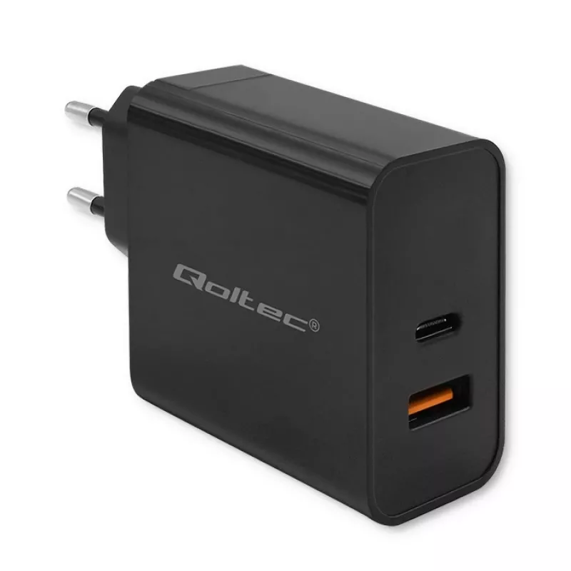 Qoltec 52381 Super Quick PD -laturi | 1xUSB-C | 1xUSB | 90W | 5-20V | 2,4-4,35A | musta