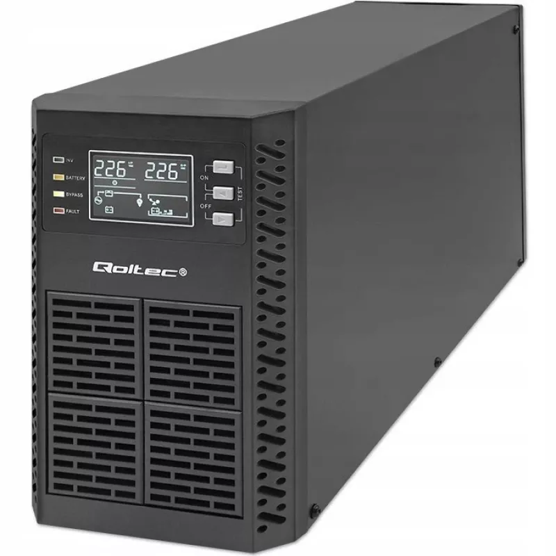 Qoltec 52281 UPS (keskeytymätön virransyöttö) kaksoismuunnos (Online) 2 kVA 2000 W 3 AC-lähtöä