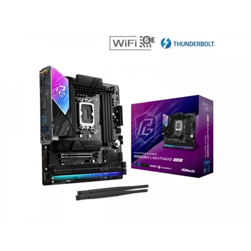 Emolevy ASRock B860M Lightning WiFi — Intel B860, LGA1851, microATX, DDR5, 4 DIMM, Wi‑Fi 6E, 2.5Gb LAN, Thunderbolt 4
