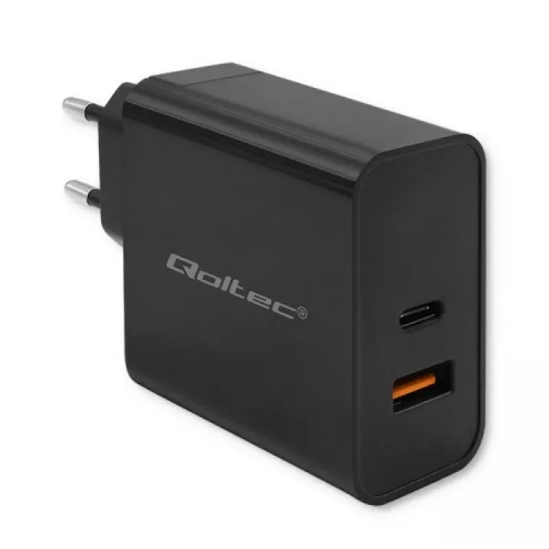 Qoltec 52380 Super Quick PD -laturi | 1xUSB-C | 1xUSB | 65W | 5-20V | 1,5-3,25A | musta