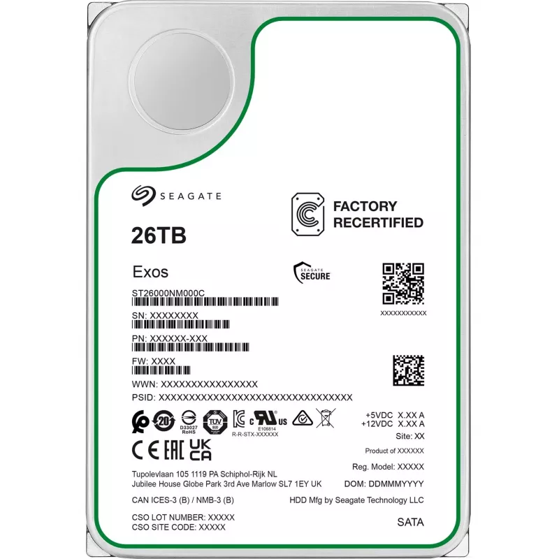 Seagate Exos ST26000NM000C-FR 26 TB 3,5 tuuman SATA-600 kiintolevy, 7200 rpm, Factory Refurbished