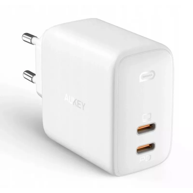 Seinä laturi Aukey PA-B4 2x USB valkoinen GaN – kompakti USB-virtalähde kahdella USB-liitännällä