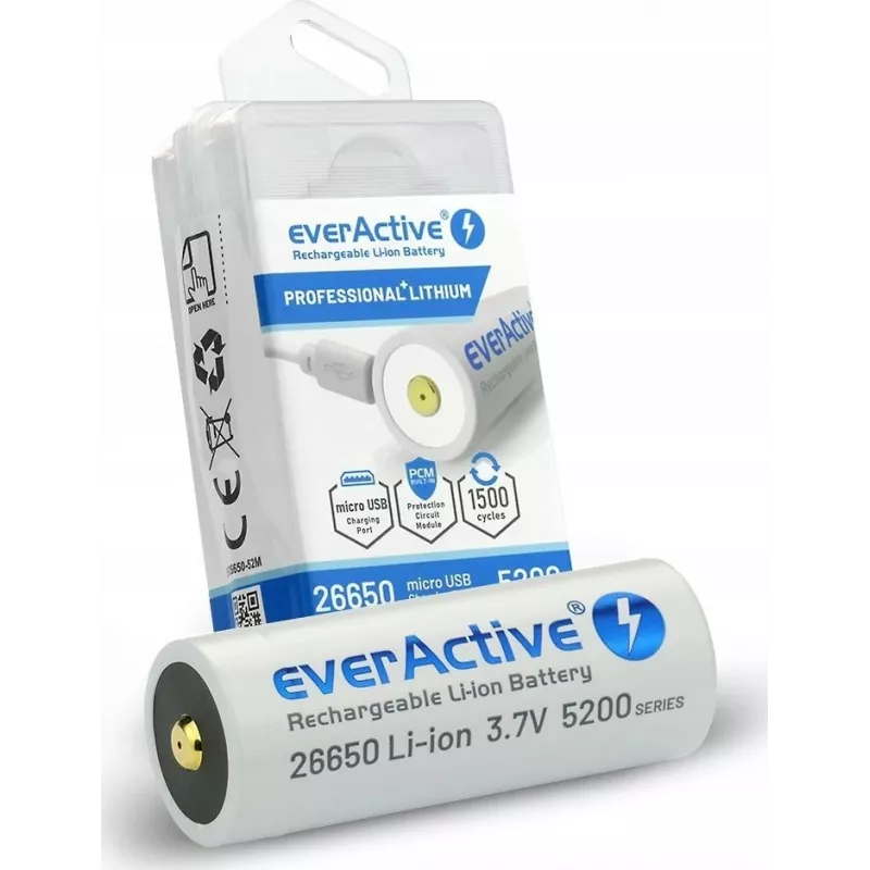 Ladattava akku everActive EV26650-52M 3,7V 5200mAh Micro-USB-lataustoiminnolla
