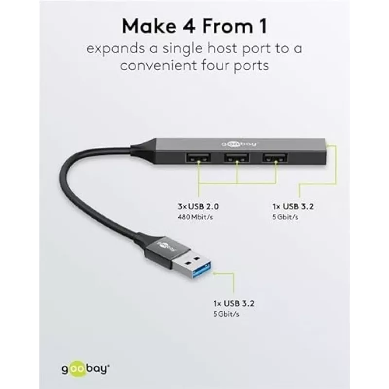 Goobay USB-keskitin 74456 Type-A 5000 Mbit/s vaaleanharmaa
