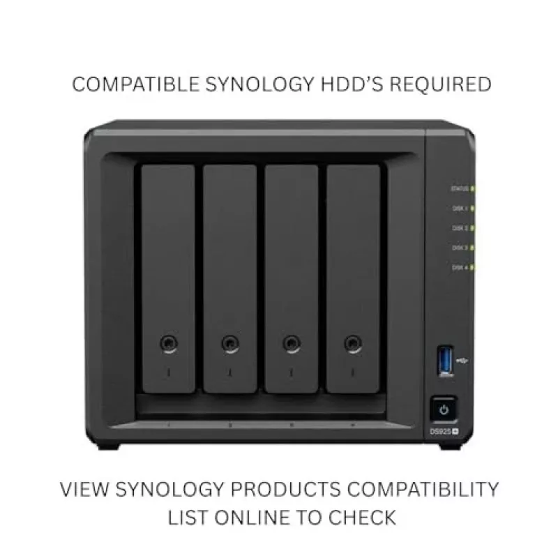 Synology DiskStation DS925+ NAS/tallennuspalvelin Ryzen Embedded V1500B 4 GB DDR4 0 TB musta