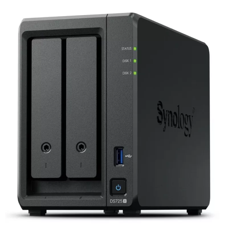 NAS Synology DiskStation DS725+ 2-Bay Ryzen R1600 4GB DDR4 ECC, 2.5GbE, 2x M.2, RAID-tuki, 0TB, musta