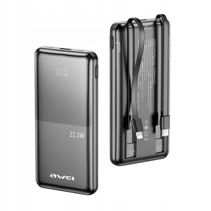 Powerbank 10000mAh P76K 22,5W 4 latauslähtöä kaksi kaapelia