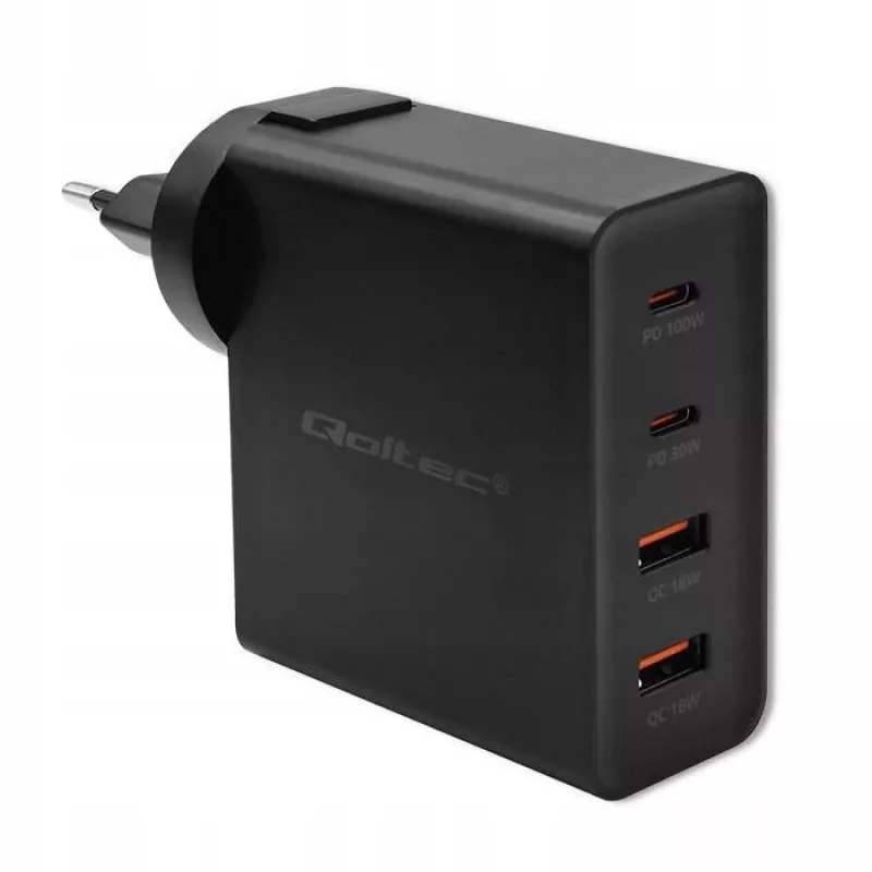 Qoltec GaN POWER PRO -laturi | 2xUSB-C | 2xUSB | 130W | 5-20V | 1.5-5A | XP | musta