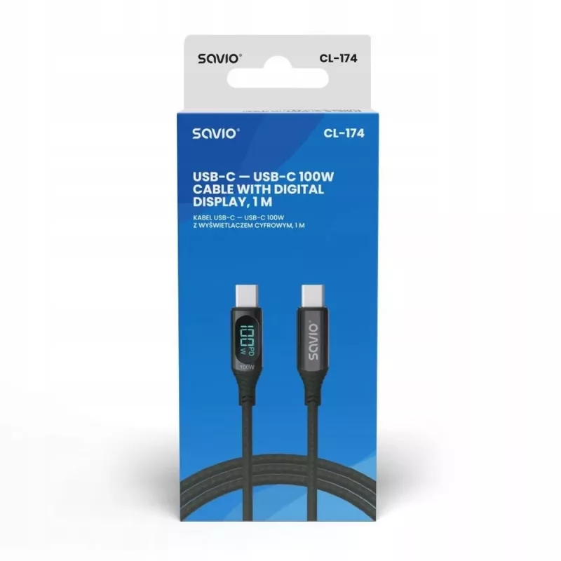 Savio CL-174 USB-C–USB-C-kaapeli, 100 W, Power Delivery/Quick Charge, digitaalinäyttö, 1 m, vihreä