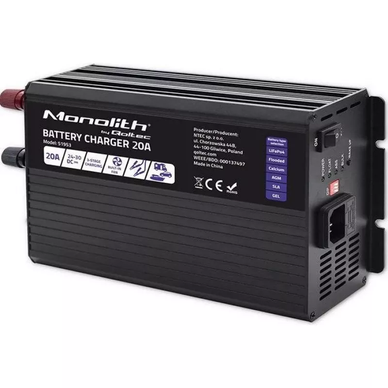 Qoltec Smart Monolith akkulaturi LiFePO4 AGM GEL SLA akuille | 20A | 24V
