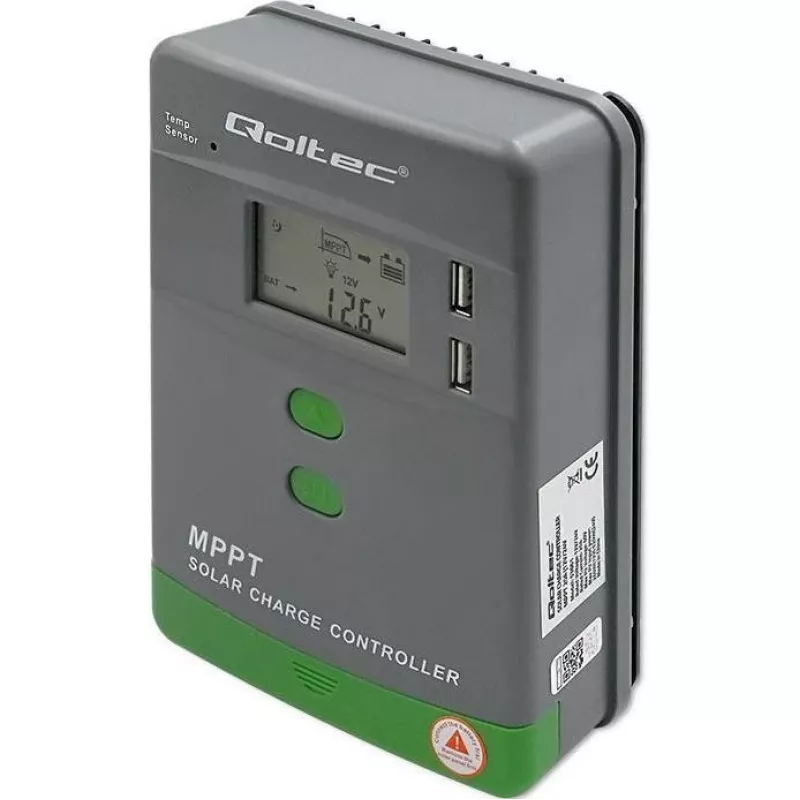 Qoltec, aurinko-MPPT-lataussäädin lämpötila-anturilla 20A 12V/24V LCD-näyttö 2 X USB