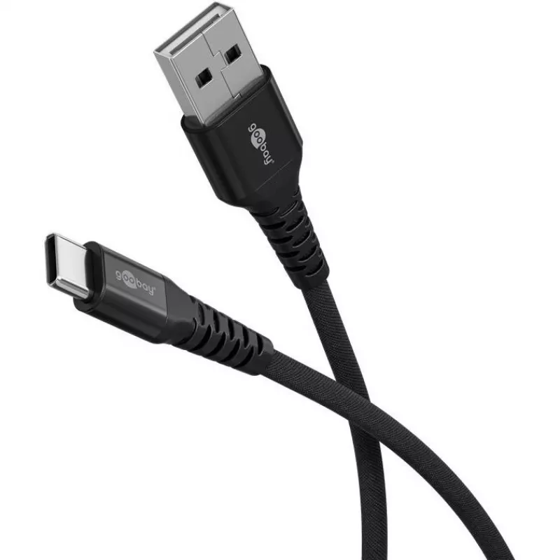 Goobay USB-C-kaapeli Fabric Supersoft metalliliittimillä, 2 m, musta (2m, USB 2.0, 60W), USB-kaapeli