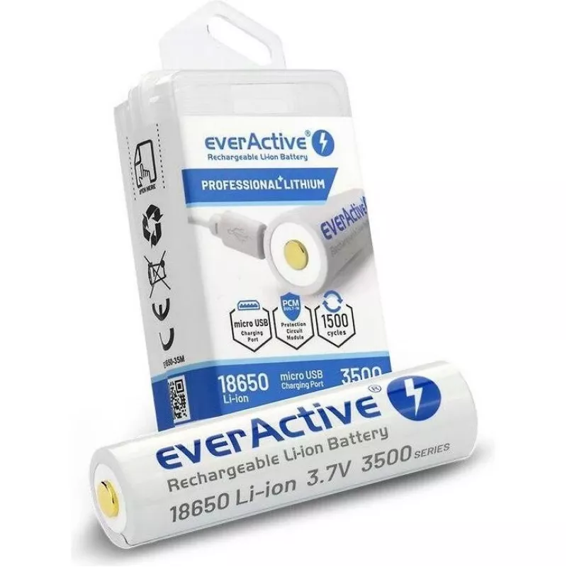 18650 Li-Ion 3.7V everActive 3500mAh akku (1 kpl) micro-USB suojauksella