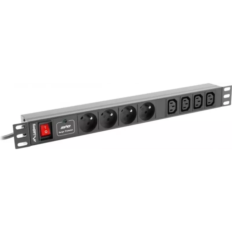 Lanberg PDU-04E04I-0200-IEC-BK 1U-räkkijakelupaneeli (PDU), 4x tyyppi E + 4x IEC C13, 10 A, 2 m, musta