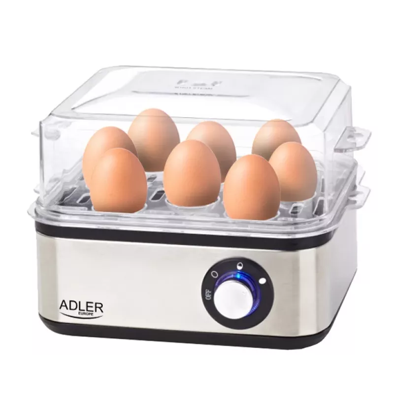 Munankeitin Adler AD 4486 — kapasiteetti 8 munaa, 800 W, musta satiiniteräs läpinäkyvällä kannella