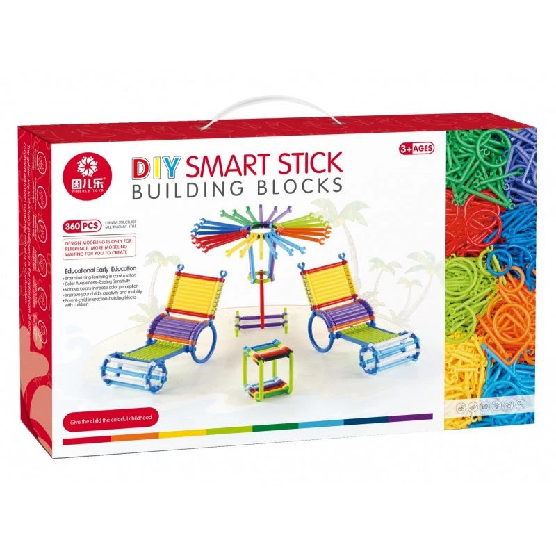 Rakennussarja Ascato Blocks Sticks 360 osaa laatikossa