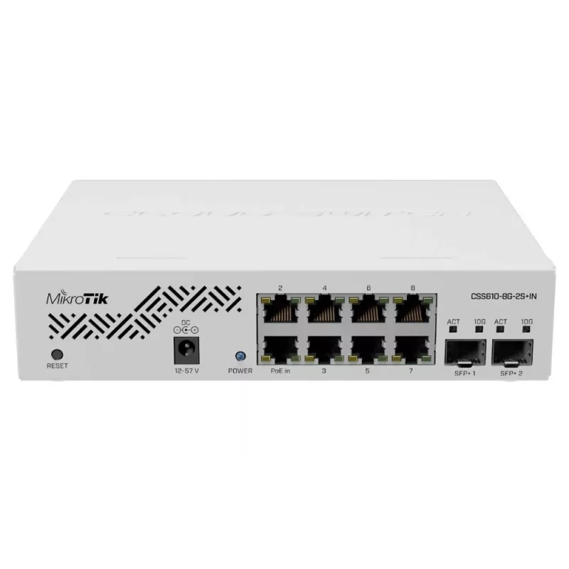 Verkkokytkin MikroTik CSS610-8G-2S+IN — 8x Gigabit RJ-45, 2x SFP+ 10G, PoE, 12–57V tulo