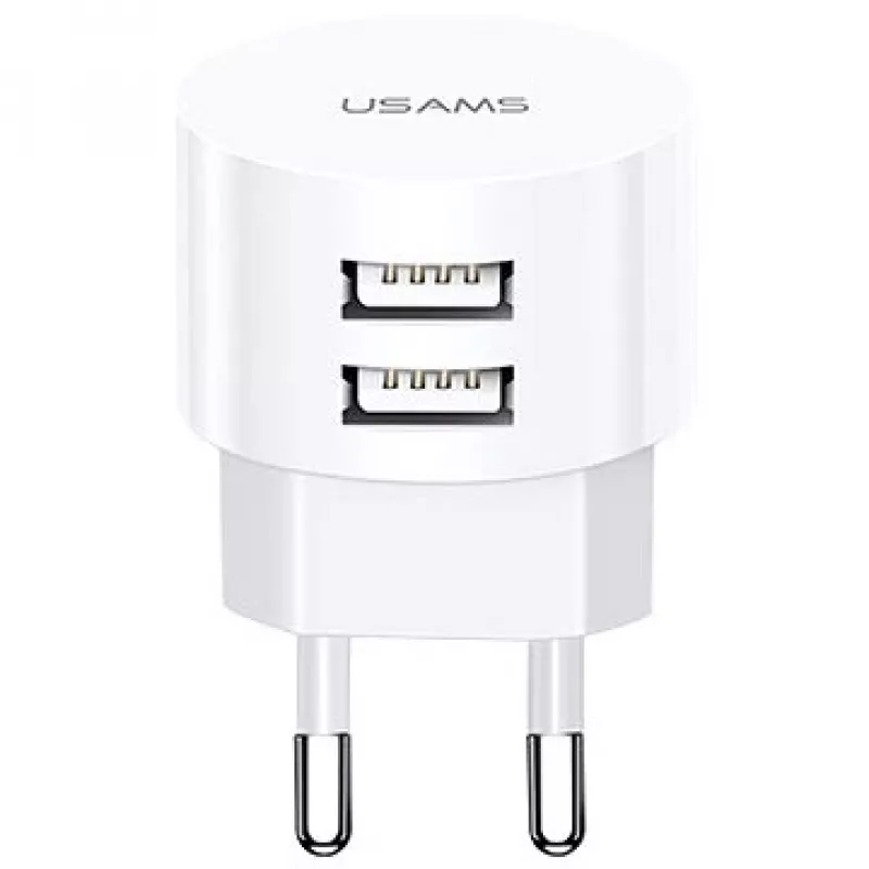 USAMS US-CC080 T20 pyöreä matkalaturi, 2x USB, 5 V 2,1 A, 10 W, valkoinen