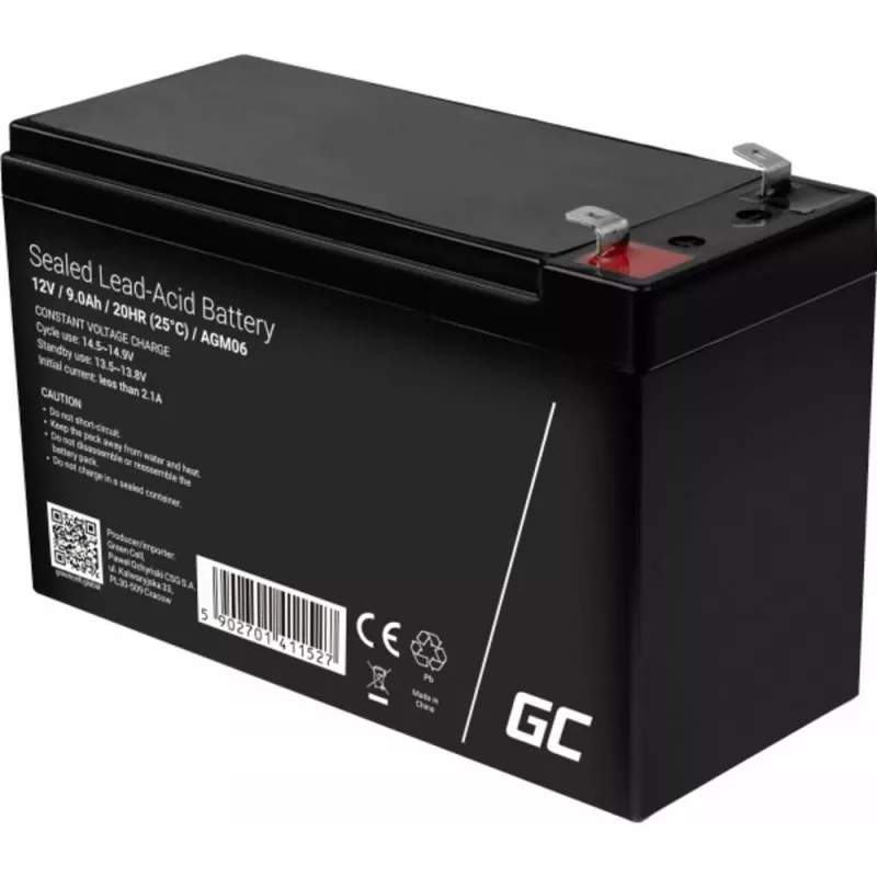 UPS-akku Green Cell AGM06 — 12 V 9 Ah lyijy-AGM (VRLA) 95 × 151 × 65 mm, 2,3 kg