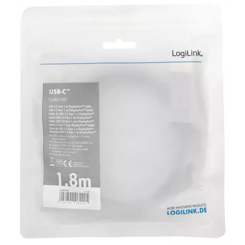 LogiLink CUA0100 kaapeliadapteri DisplayPort USB 3.2 Gen1 Type-C 1,8m musta harmaa