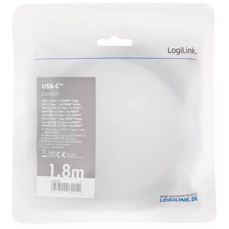 LogiLink CUA0101 USB 3.2 Gen1 Type-C - HDMI-A -kaapeli 1,8 m musta harmaa
