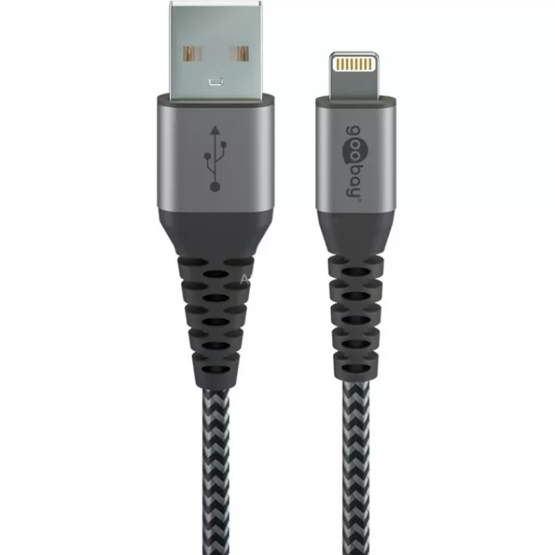 Goobay 49268 Lightning – USB-A tekstiilikaapeli metalliliittimillä, MFi, 1 m, tähtiharmaa/hopea