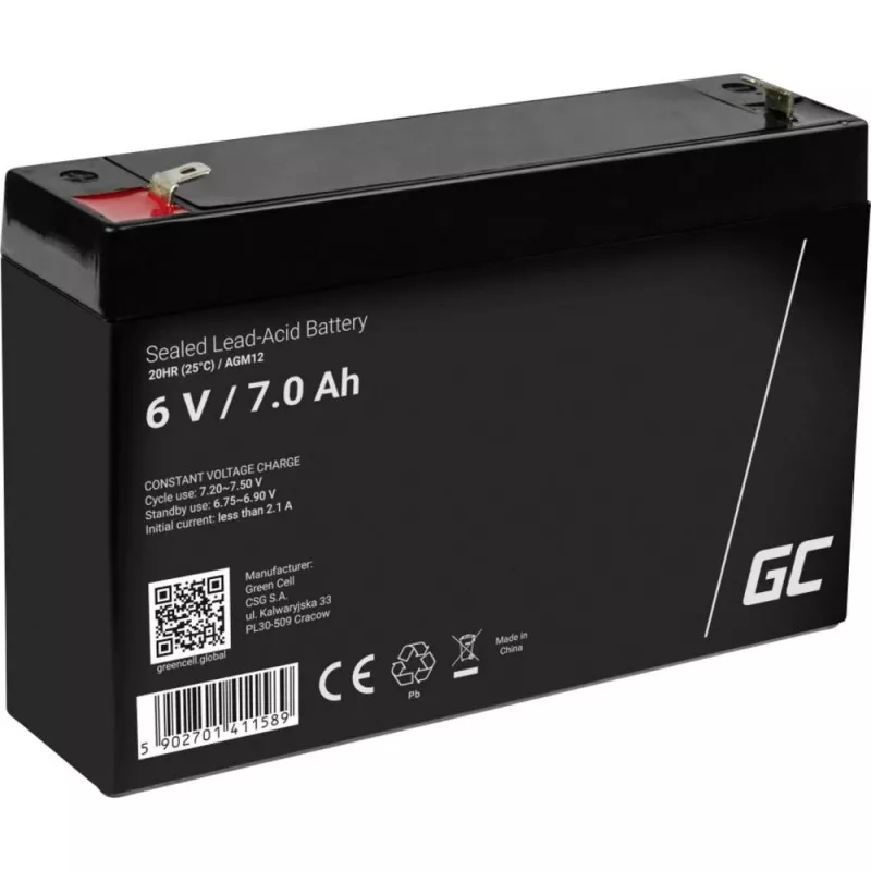 Uudelleenladattava sinetöity lyijy-happo-akku Green Cell AGM12 6 V 7000 mAh musta