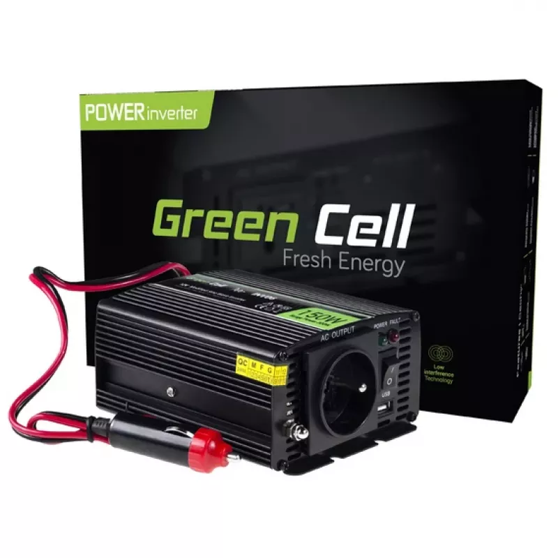 Vaihtosuuntaaja-adapteri Green Cell INV06 12V–230V 150W 50Hz Type-C pistoke, 85% hyötysuhde, musta