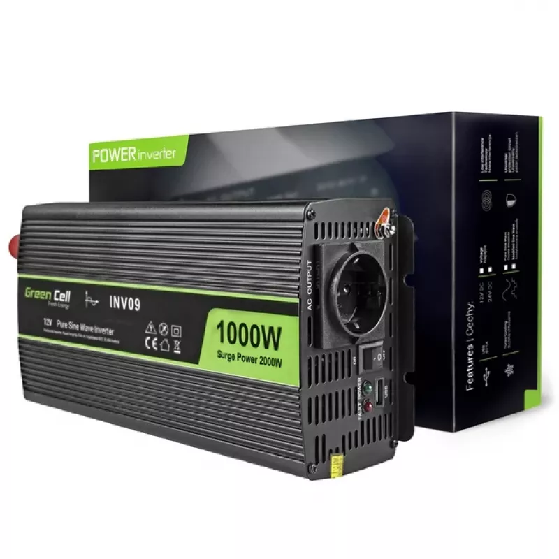 Green Cell INV09 jännitemuunnin auto 1000 W musta