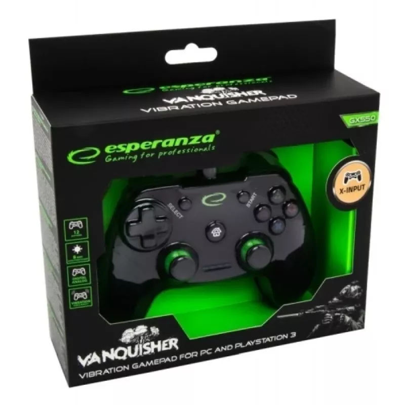 Esperanza EGG110K Vanquisher langallinen USB-peliohjain PC:lle/PS3:lle, värinätoiminnolla, 12 painiketta, 2 analogista tikkua, musta/vihreä
