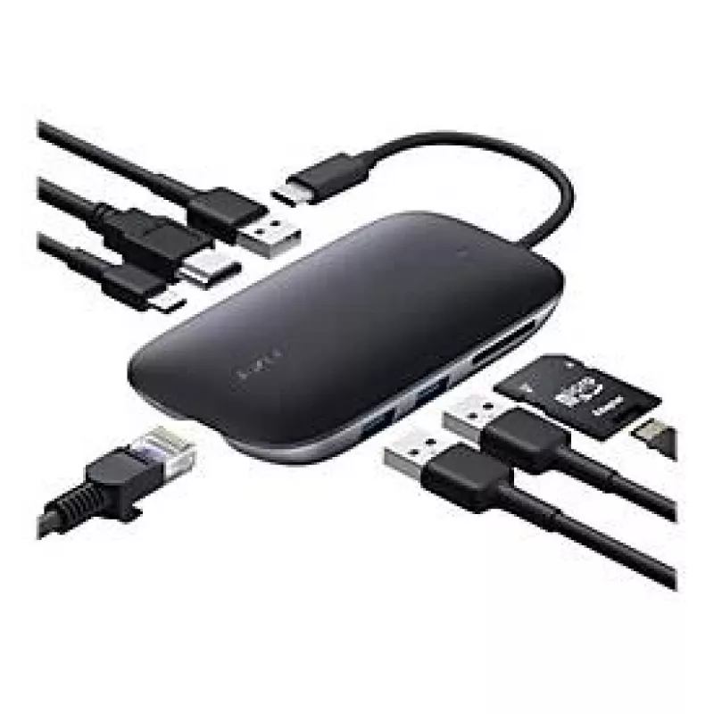 AUKEY CB-C71 8-in-1 USB-C-keskitin, 3x USB-A 3.0, HDMI 4K@30Hz, Gigabit RJ45, SD/microSD, USB-C PD 100 W, 0,15 m kaapeli, alumiini, musta