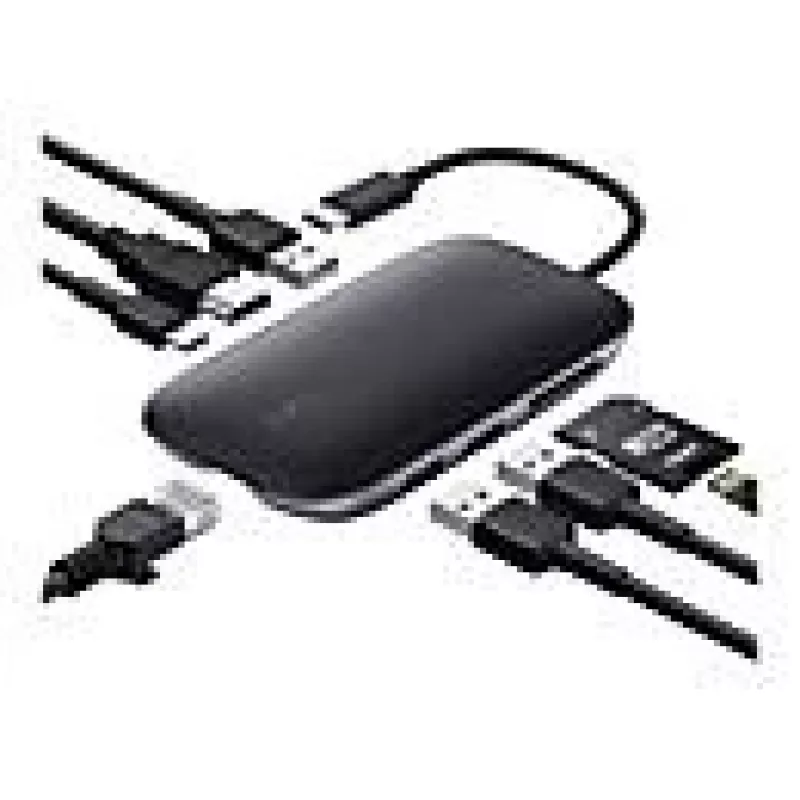 AUKEY CB-C71 8-in-1 USB-C-keskitin, 3x USB-A 3.0, HDMI 4K@30Hz, Gigabit RJ45, SD/microSD, USB-C PD 100 W, 0,15 m kaapeli, alumiini, musta