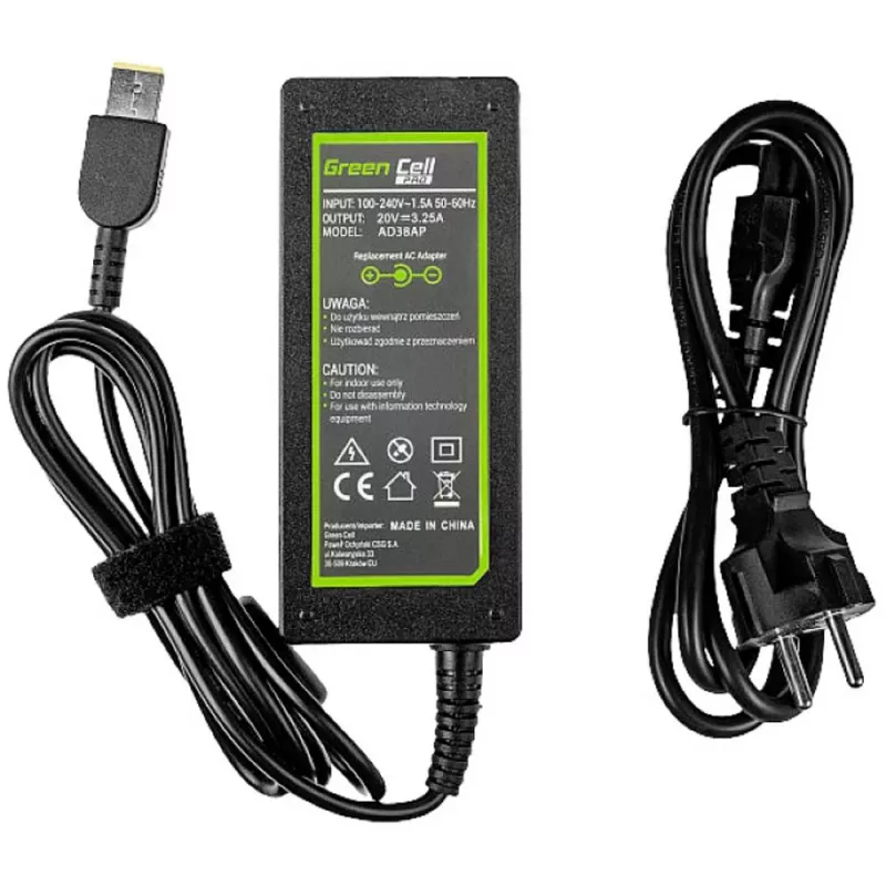 Verkkolaite Green Cell AD38AP 65W Lenovo-kannettaville, 20V 3,25A, 1,2 m johto, musta