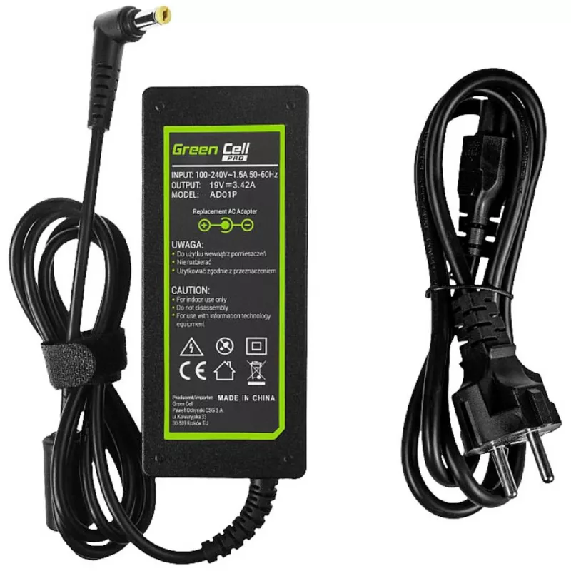 Virtalähde Green Cell AD01P — 60 W, 19 V 3,42 A, kannettavan virtalähde sisäkäyttöön, musta