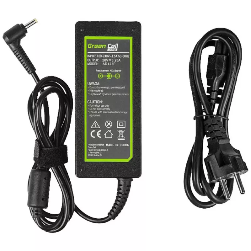 Virtalähde Green Cell AD123P 65 W 20 V 3,25 A Lenovolle, sisäkäyttöön, musta, 2 m kaapeli