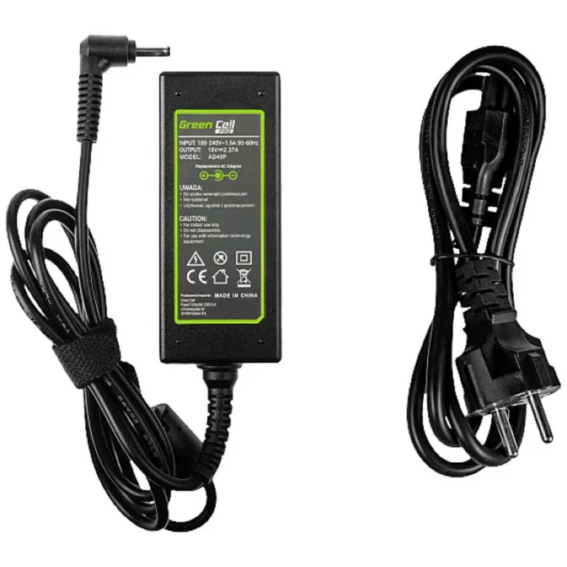 Verkkolaite Green Cell AD40P 45W kannettaville, 19V 2,37A, AC-DC, 100–240V tulo, musta