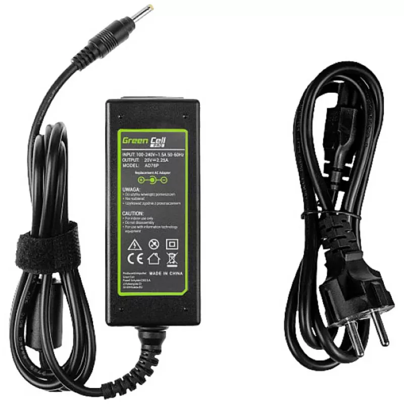 Verkkolaite Green Cell AD76P 45W Lenovo-kannettaville, 20V 2,25A, AC-DC, 100–240V tulo, musta