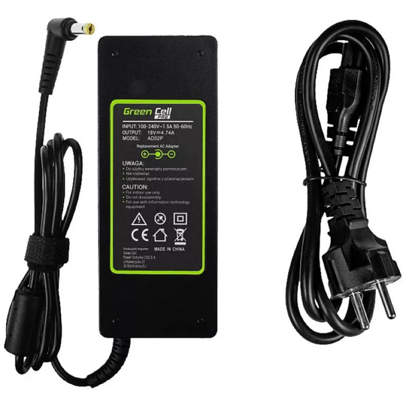 Kannettavan verkkolaite Green Cell AD02P 90W 19V 4,74A AC-DC, sisäkäyttöön, musta