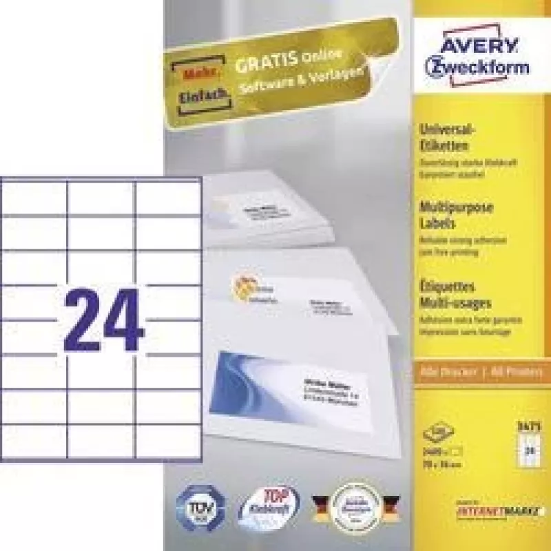 Avery monikäyttötarrat laser kopiokone mustesuihku 24 per arkki 70x36mm