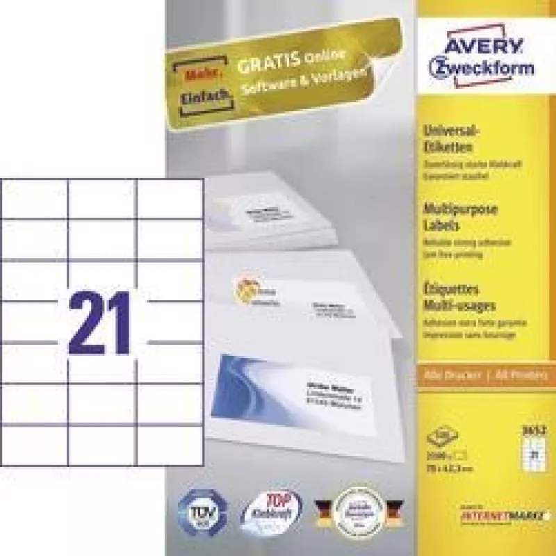 Avery - tarrat - valkoinen - 42,3 x 70 mm, 2 100 tarraa (100 arkkia x 21) (3652)