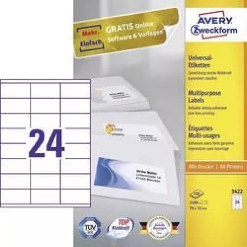 Yleisetiketit 70x35mm InkjetLaserCopy A4 100 arkkia 2 400 kpl valkoinen