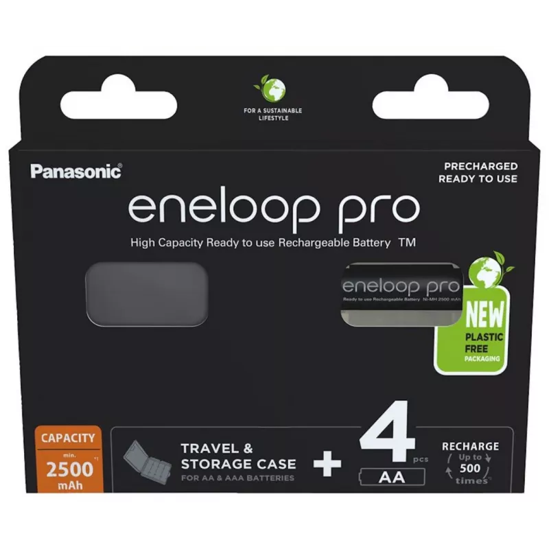 Akut PANASONIC ENELOOP PRO AA 2500 mAh 4 kpl + kotelo (BK-3HCDE/4CP+CASE)