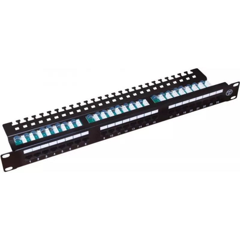 Alantec PK013 kytkentäpaneeli 19" 1U, 24x RJ-45, Cat5e UTP, LSA, hyllyllä, musta