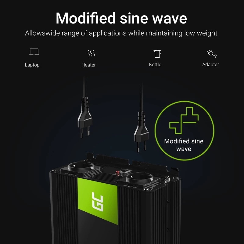 Vaihtosuuntaaja Green Cell INV10 2000 W, 12 V DC - 230 V AC, Type-C-lähtö, 50 Hz, musta