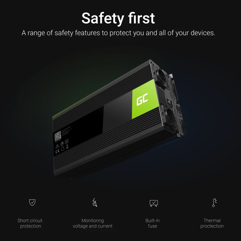 Vaihtosuuntaaja Green Cell INV12 3000 W 12 V – 230 V, 50 Hz, 1 USB, aktiivinen jäähdytys, musta