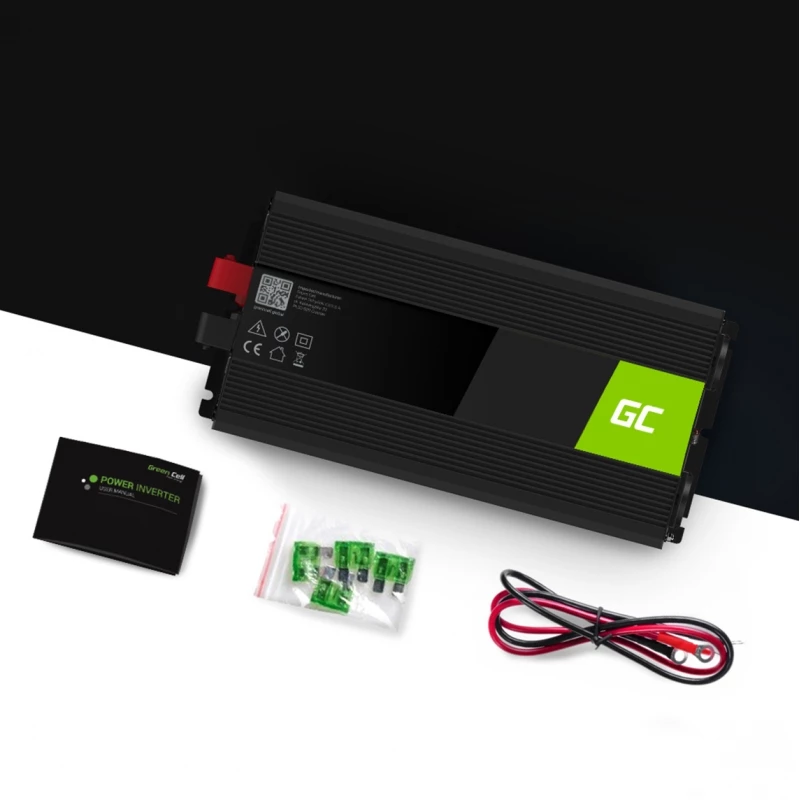Vaihtosuuntaaja Green Cell INV12 3000 W 12 V – 230 V, 50 Hz, 1 USB, aktiivinen jäähdytys, musta